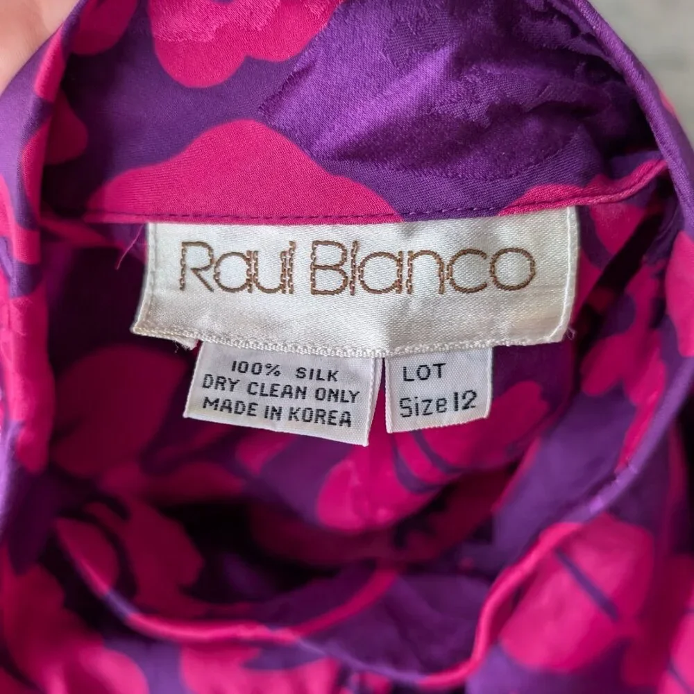 Vintage 80s Silk Raul Blanco Pink Purple Long Sleeve Midi Skirt Matching Set